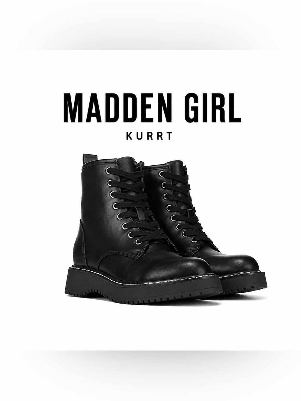 STEVE MADDEN “Madden Girl Kurrt” Black Lace-Up, Side Zip, Lug Sole Combat Boots - Picture 2 of 16